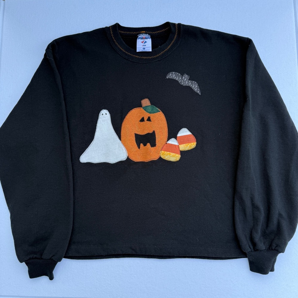 Vintage 90s Halloween Sweatshirt L USA Jerzees Pumpkin Ghost Applique Black